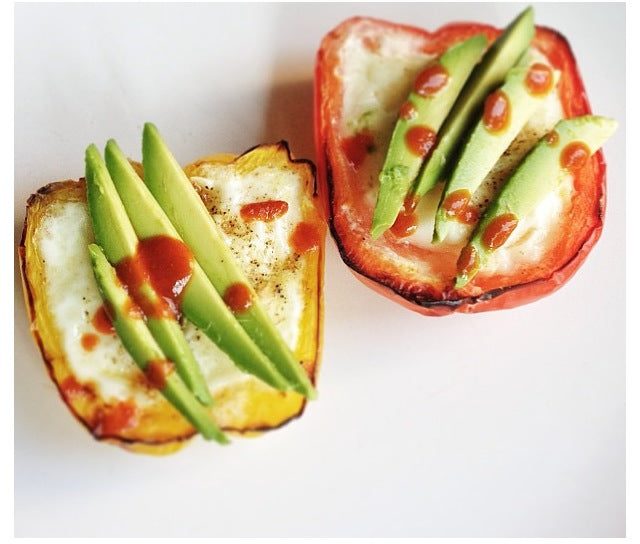 Bell Pepper and Eggs topped with Sliced Avocado